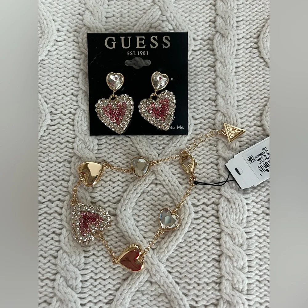 GUESS SET of Gold and Pink Heart Earrings with Matching Bracelet great gift! - Picture 6 of 15